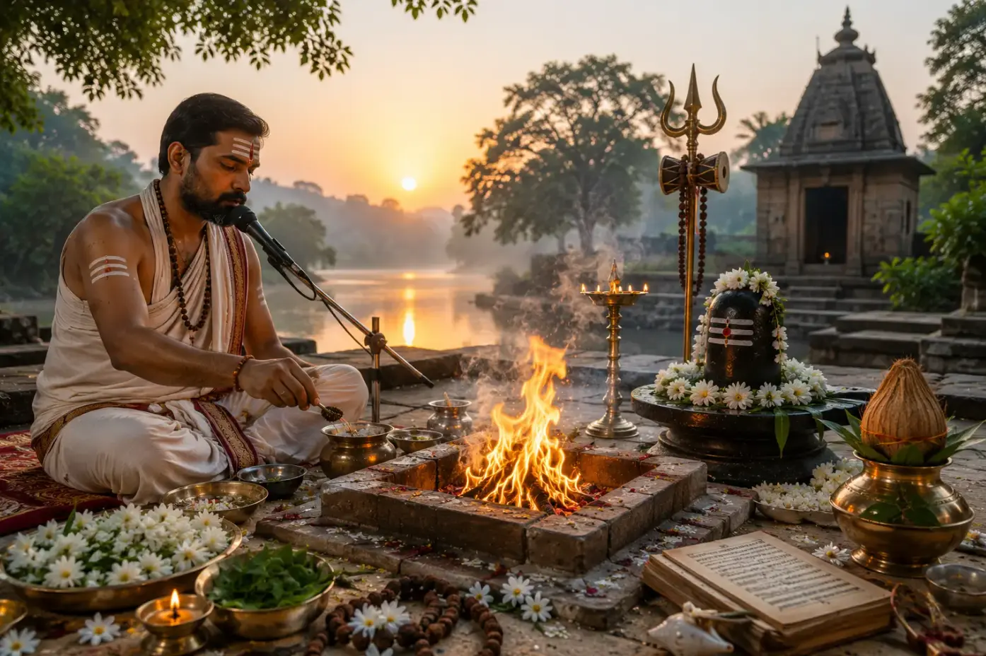 Pandit accomplissant un Rudrabhishek devant un lingam de Shiva au lever du jour en Inde