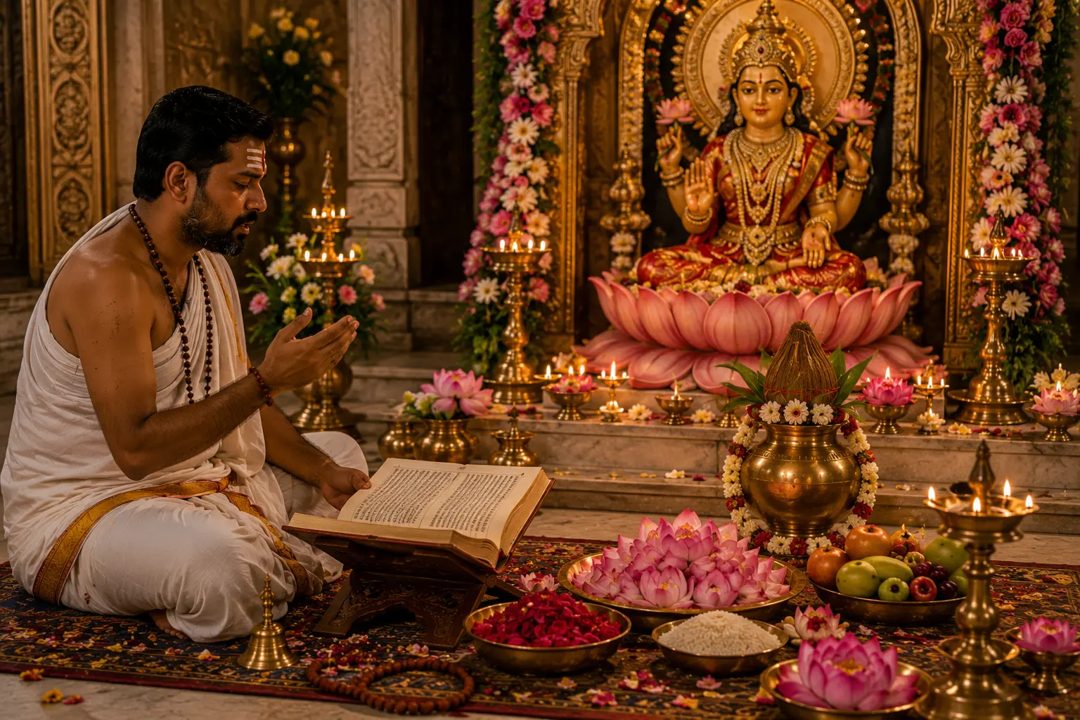 Récitation du Kanakadhara Stotra consacrée à Lakshmi par un pandit en Inde
