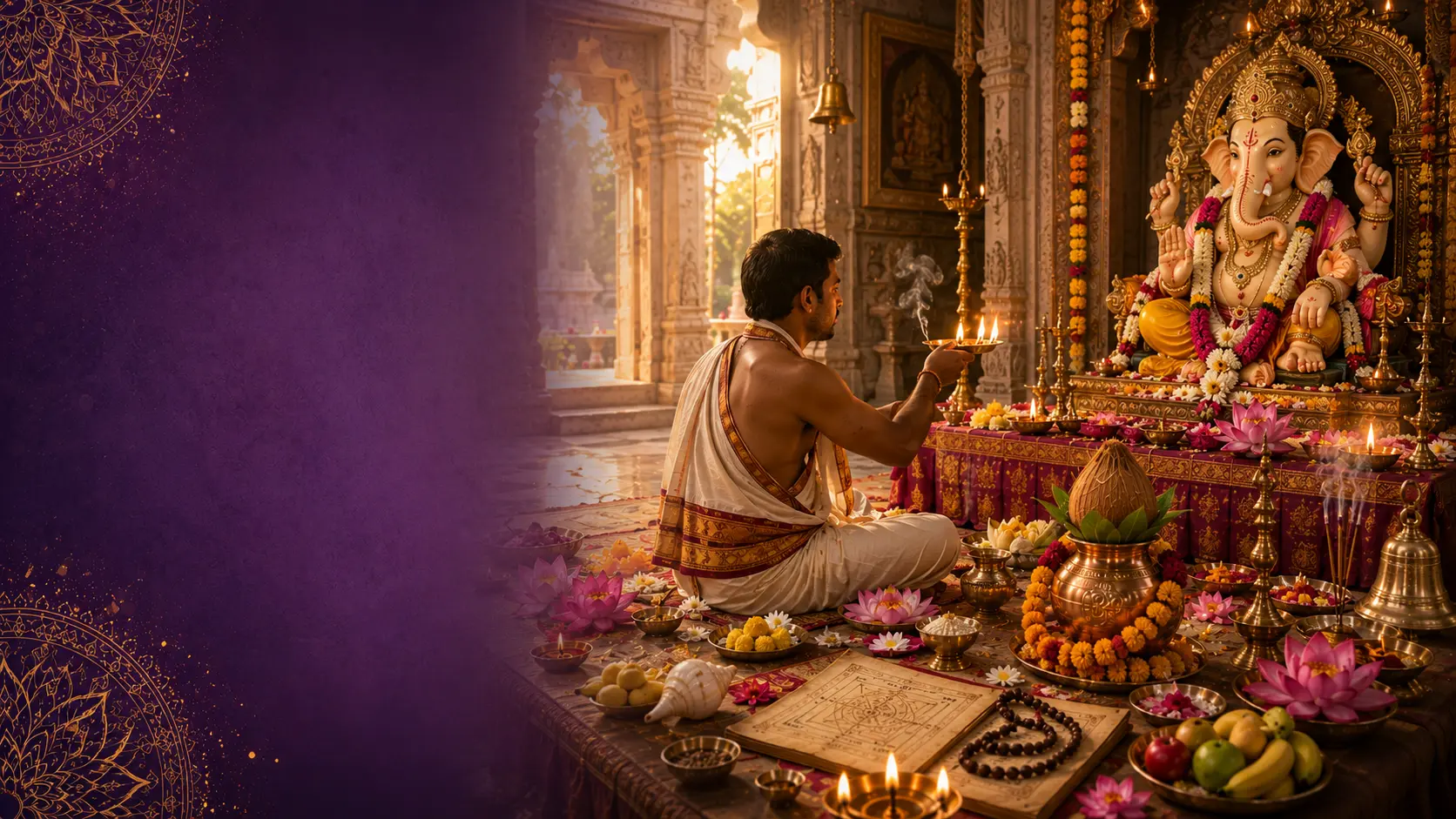 Pandit accomplissant une puja traditionnelle devant Ganesha